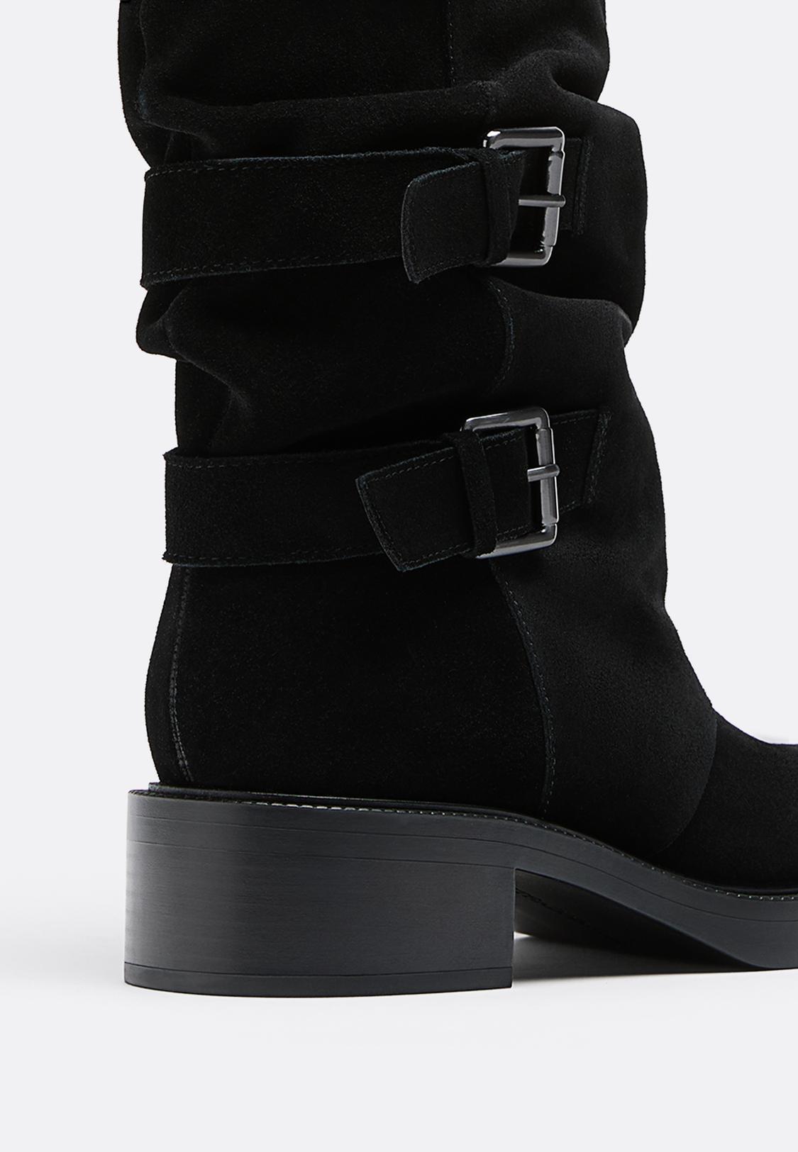 Stradivarius Grey Biker Boots Leather Ankle Boots With Buckles