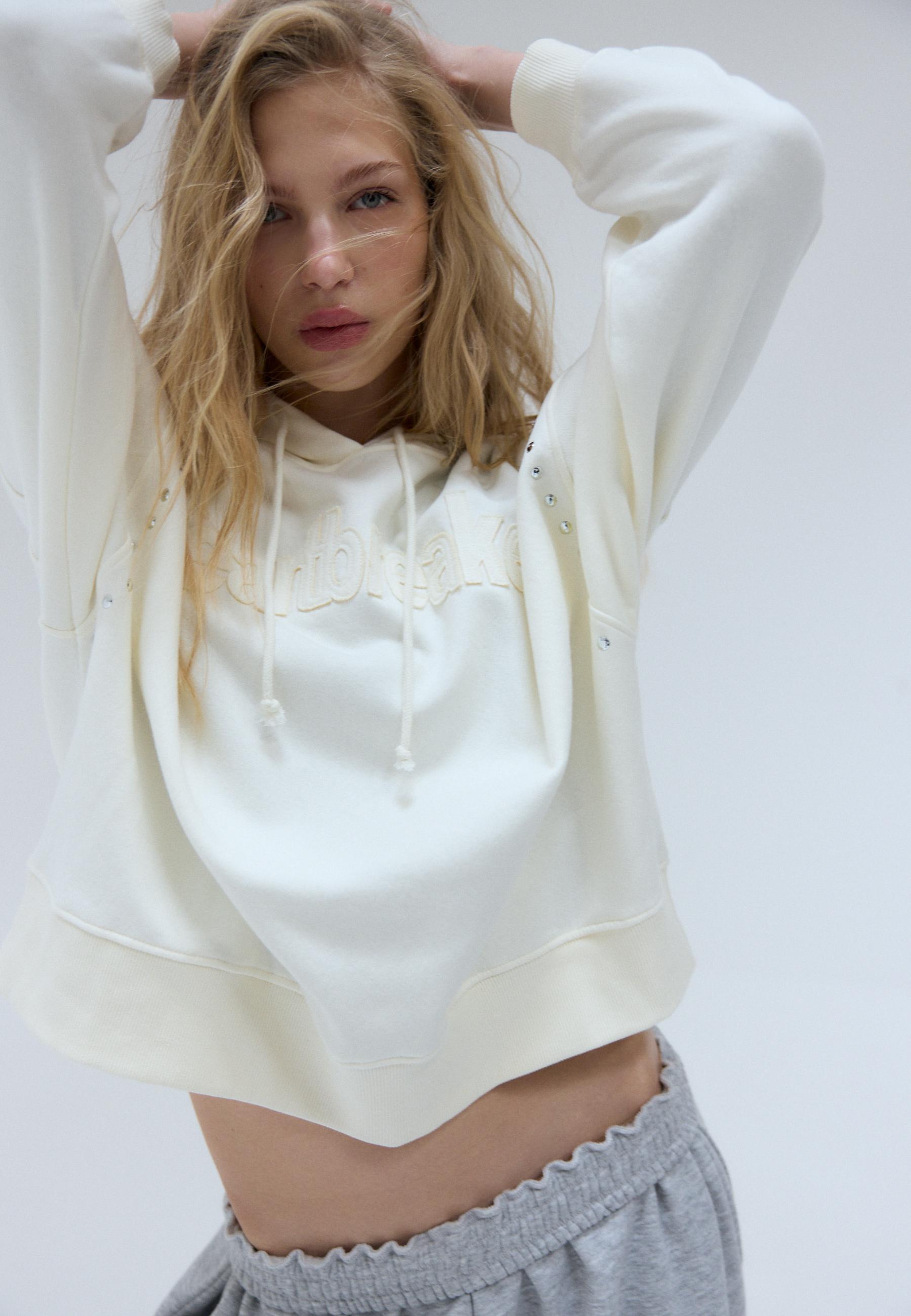 Studded Embroidered Hooded Sweatshirt — Ecru