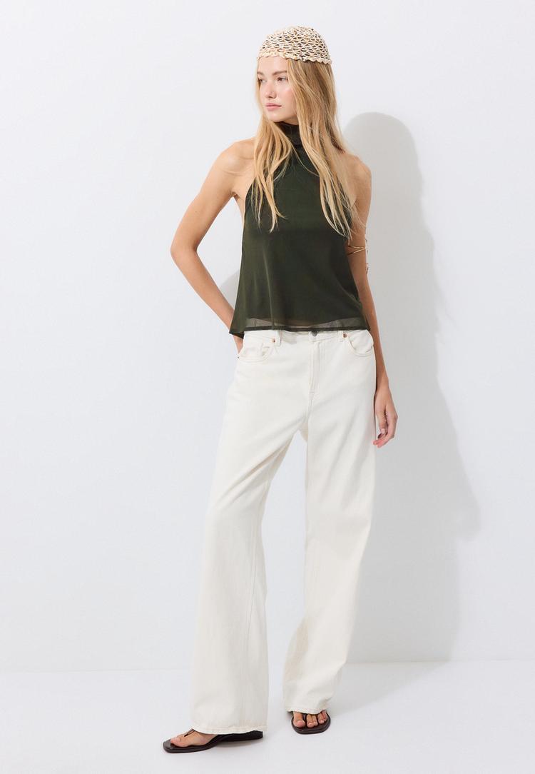 Stradivarius Top S Američkim Izrezom I Uzorkom Od Tila Khaki S