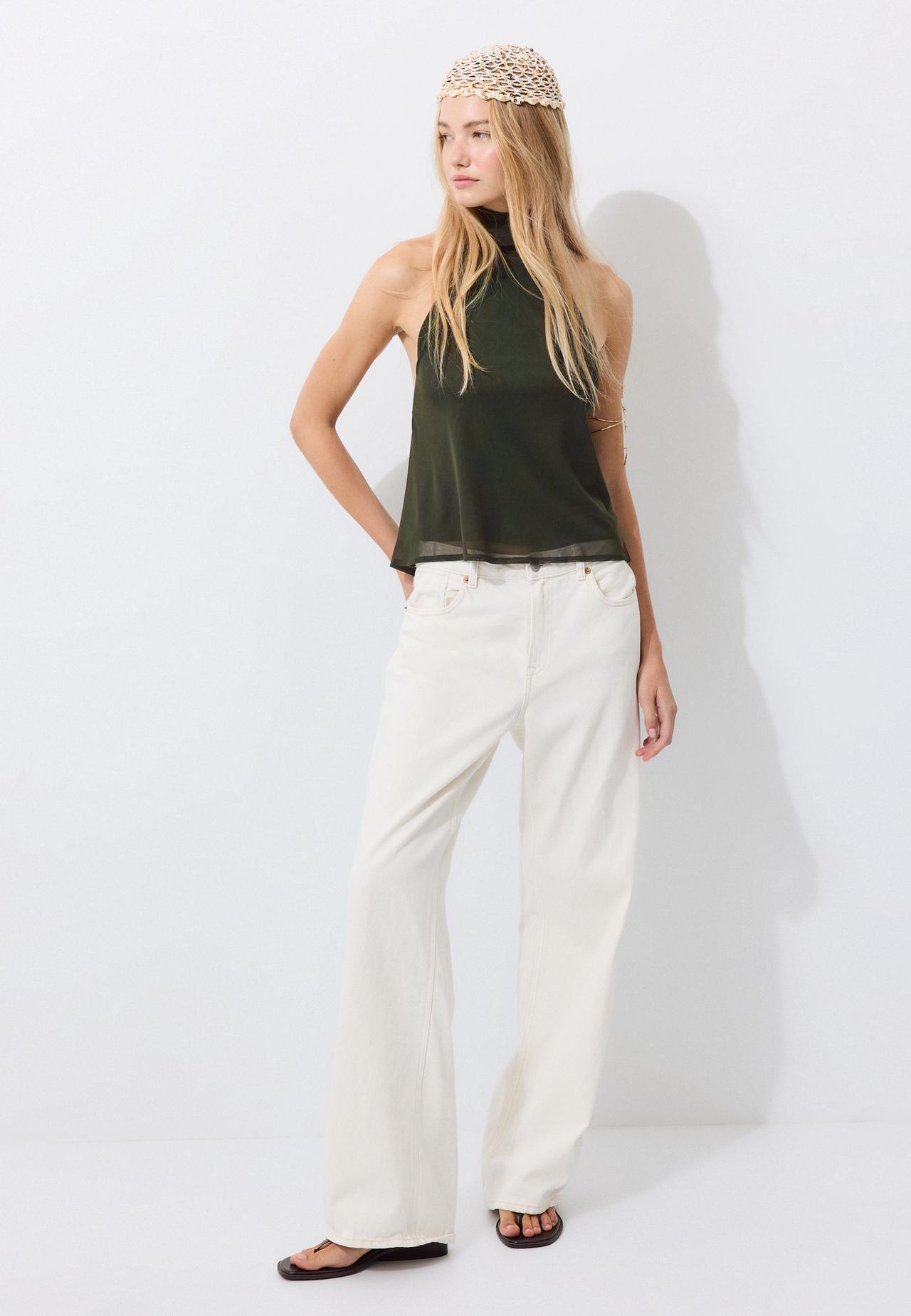 Printed tulle halter scarf top — Khaki