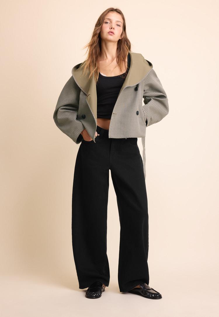 Stradivarius Κοντό Καρό Trench Ντουμπλ Φας Χακί Xl