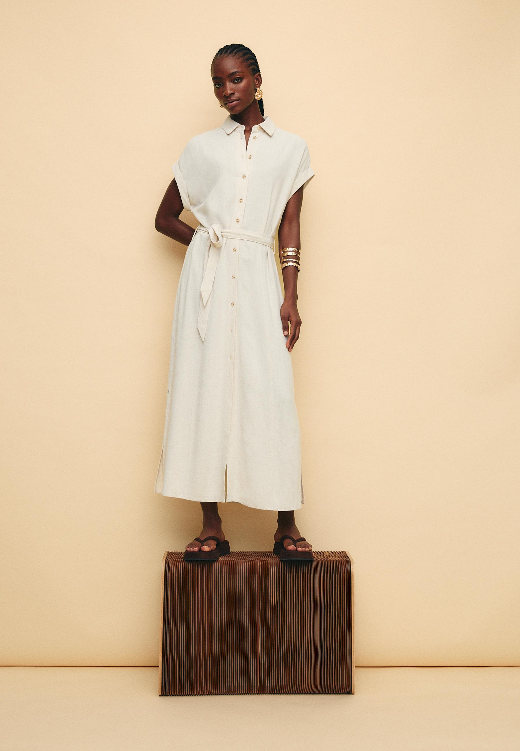 Linen blend midi shirt dress - Women's fashion