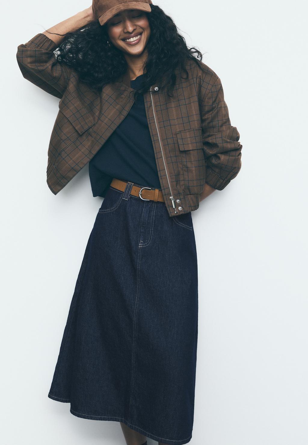 Belted denim maxi skirt