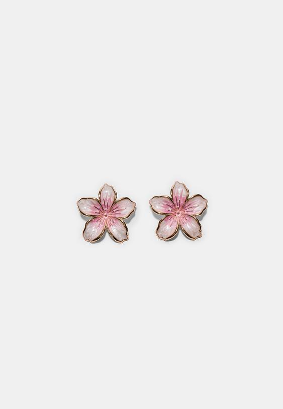Stradivarius Enamelled Flower Earrings Pastel Pink Os