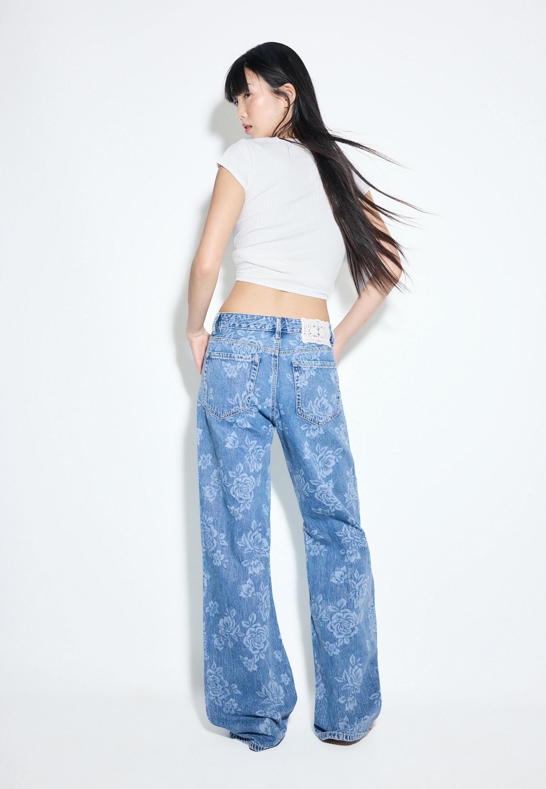 Straight-leg jeans with laser floral print — MEDIUM BLUE DENIM