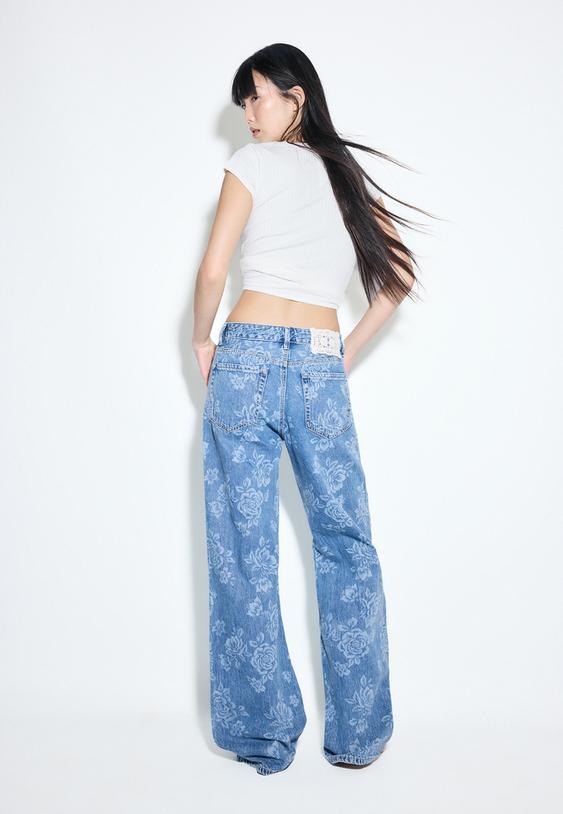 jeans straight imprime floral laser