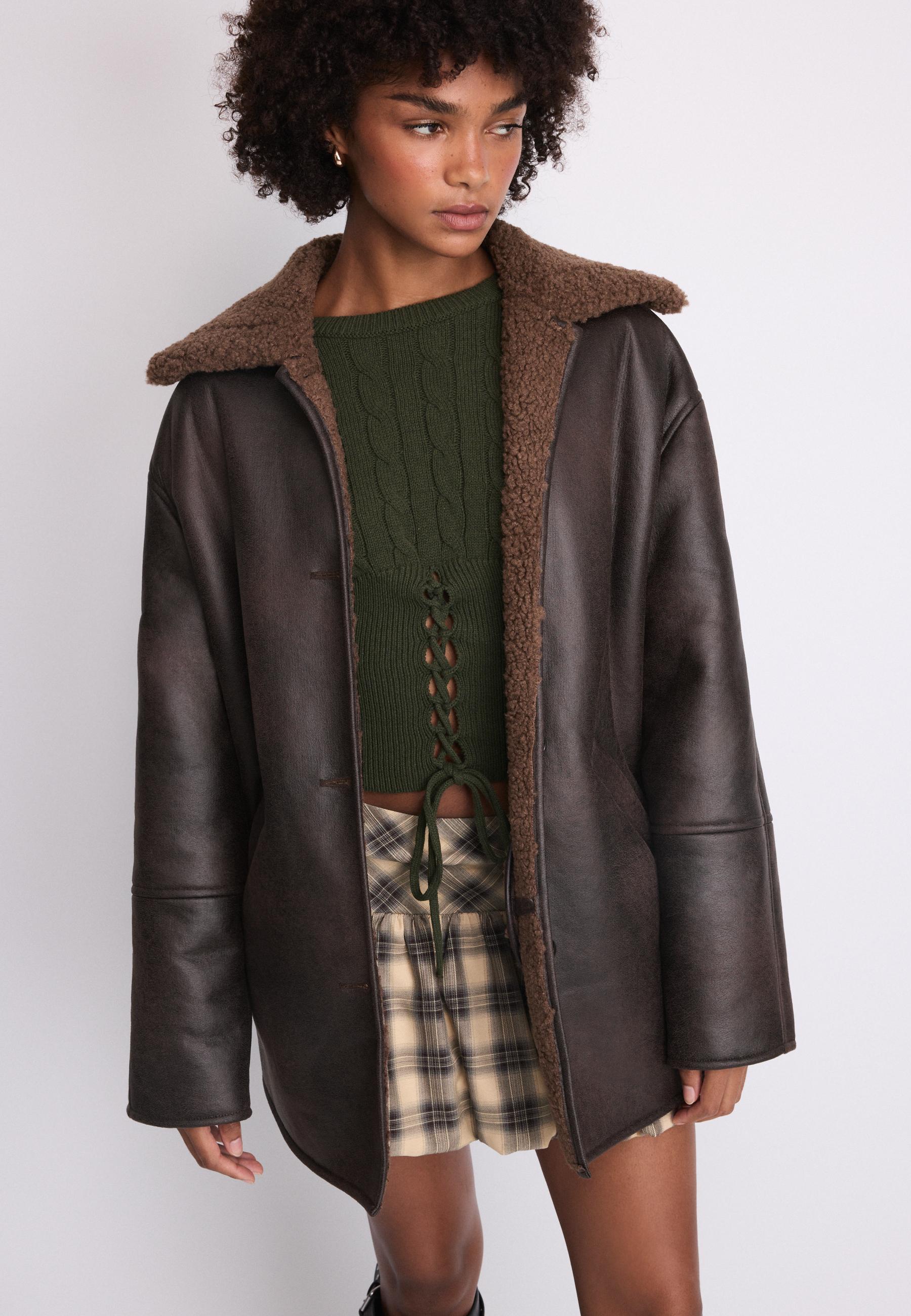 Oversize double-faced button-up jacket — Brown