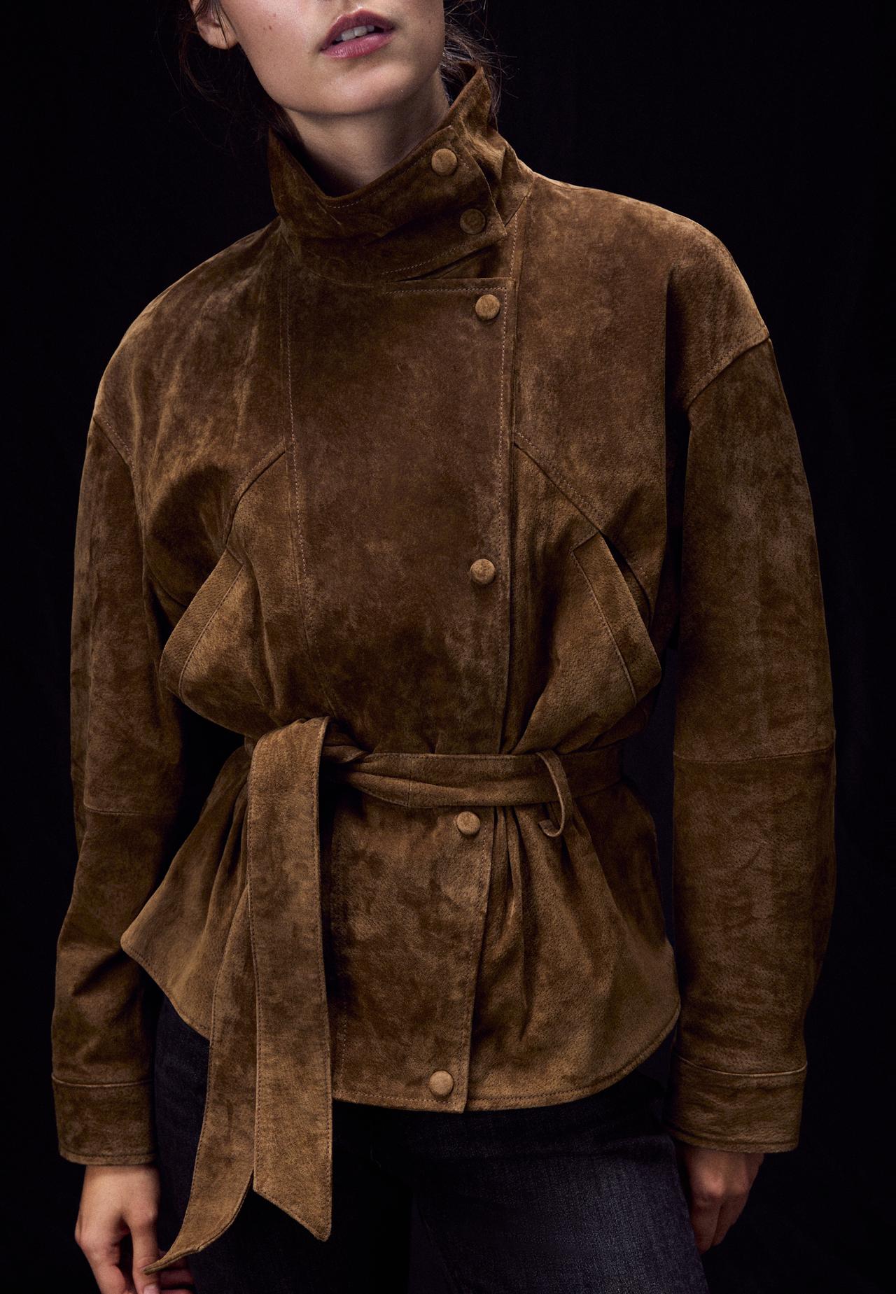 100% leather high neck trench coat with belt — Brown