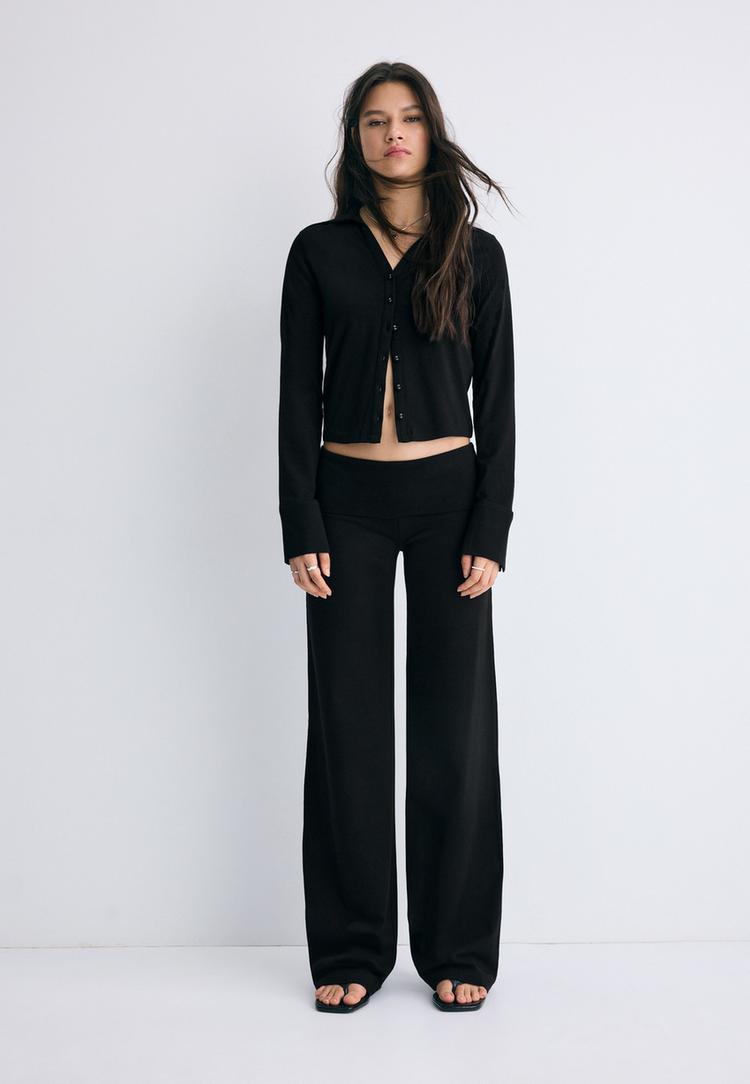 Stradivarius Pantaloni Plasă Cu Talie Întoarsă Negru M