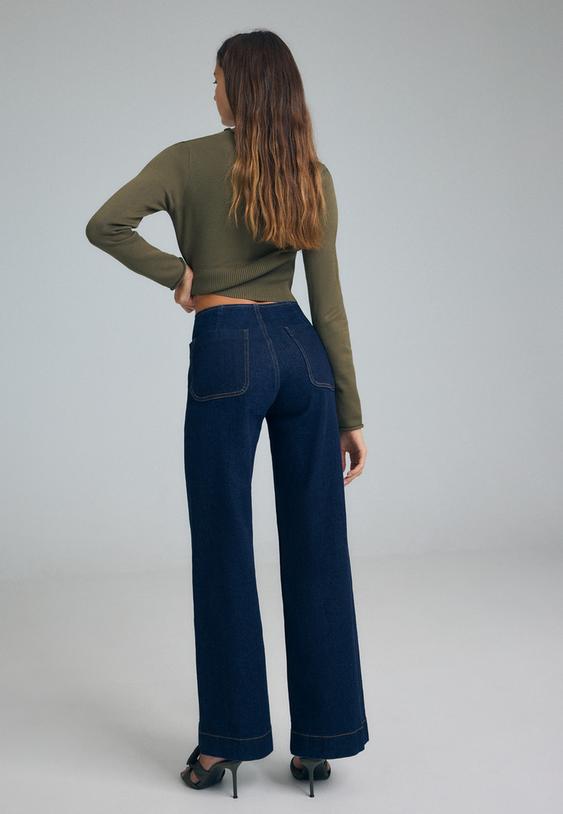 jeans minimalistas d77 com bolsos