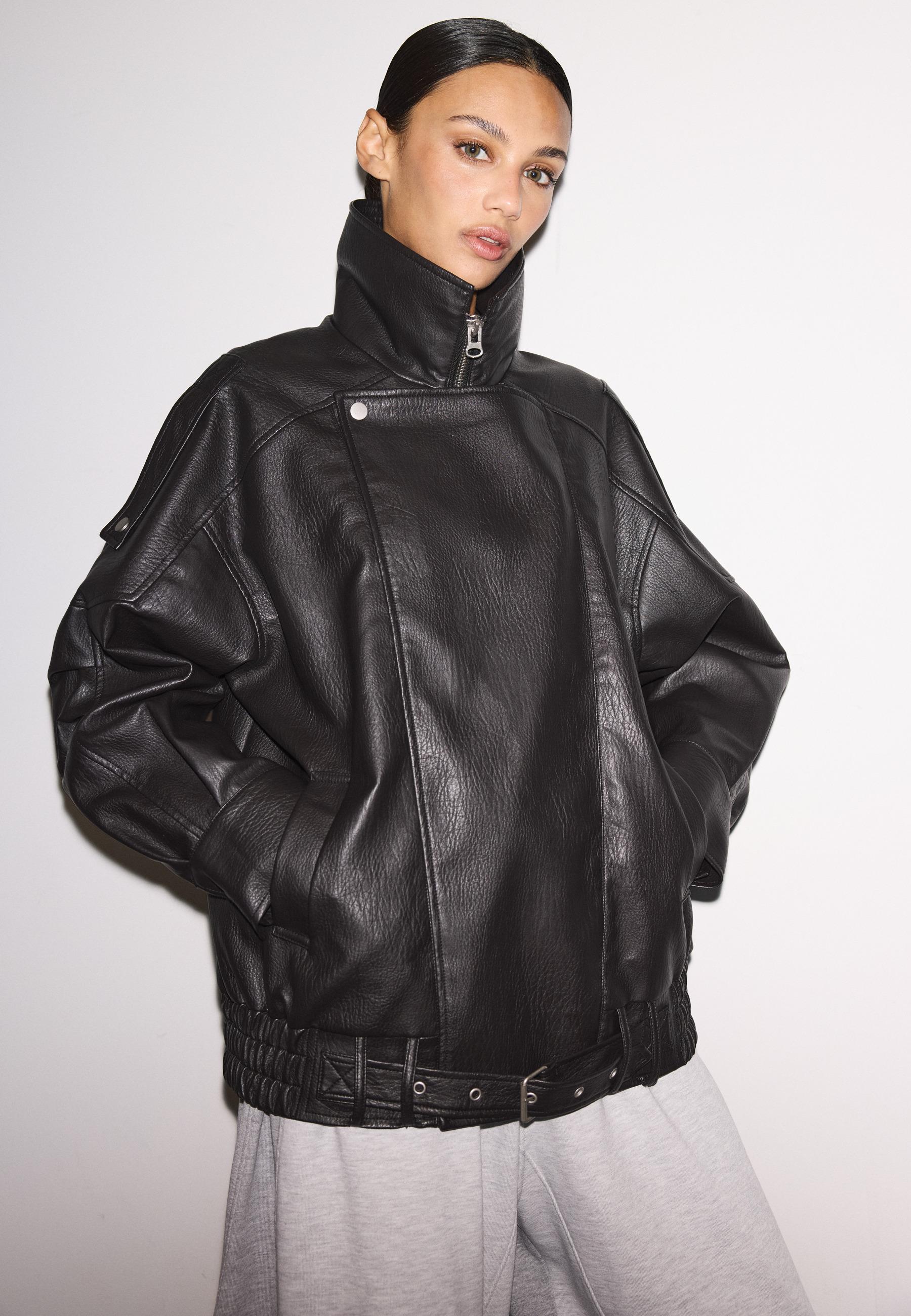 Oversize faux leather lapel jacket - Women's fashion