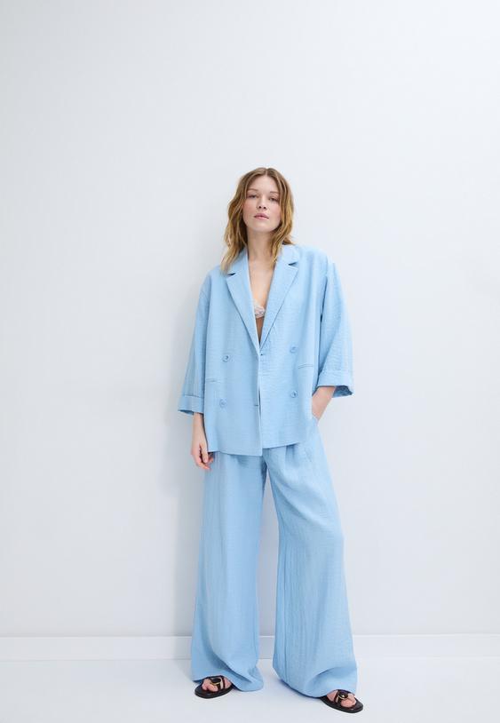 Stradivarius Blazer Fluide À Double Boutonnage Bleu Xs