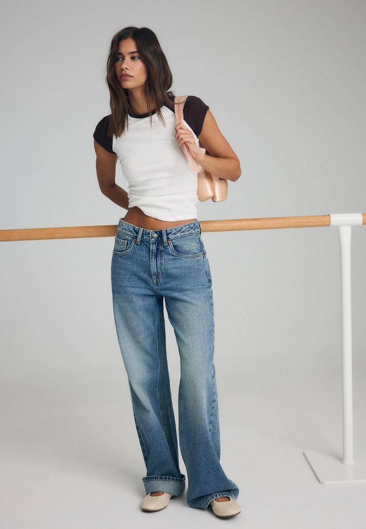 Stradivarius D92 Straight Wide Jeans Met Scheuren Overgeverfde Denim Wassing 42