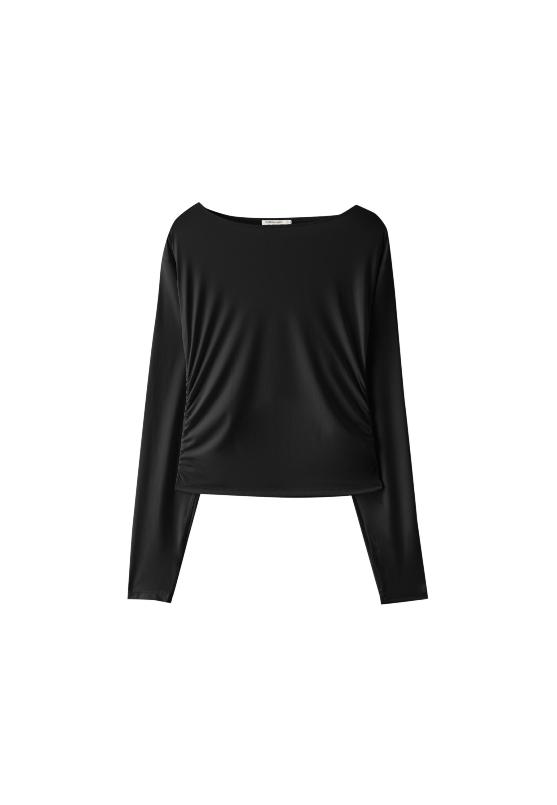Long sleeve gathered polyamide T-shirt — Black (alternate view)