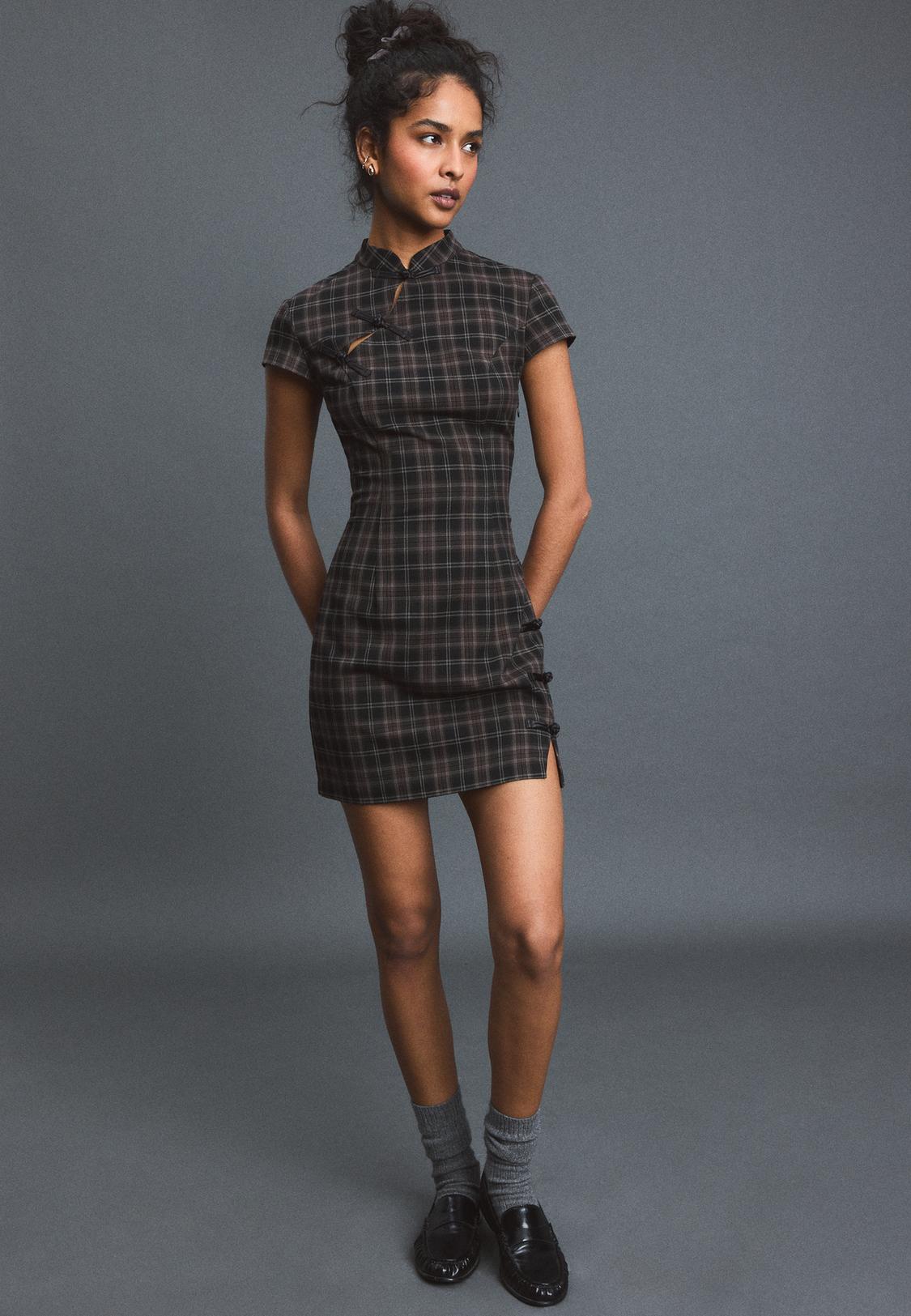 grey check dress Short with stand collar - Women's fashion diamond ring