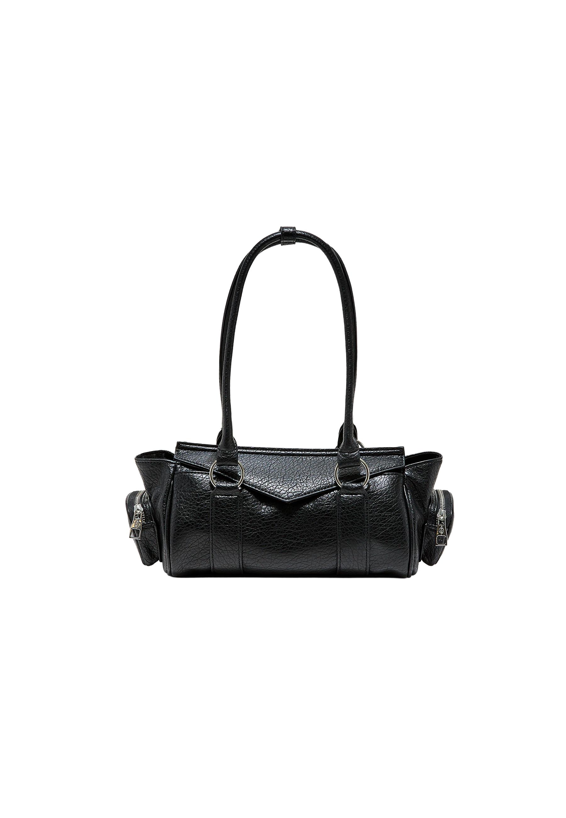 Elongated shoulder bag with pockets — Black