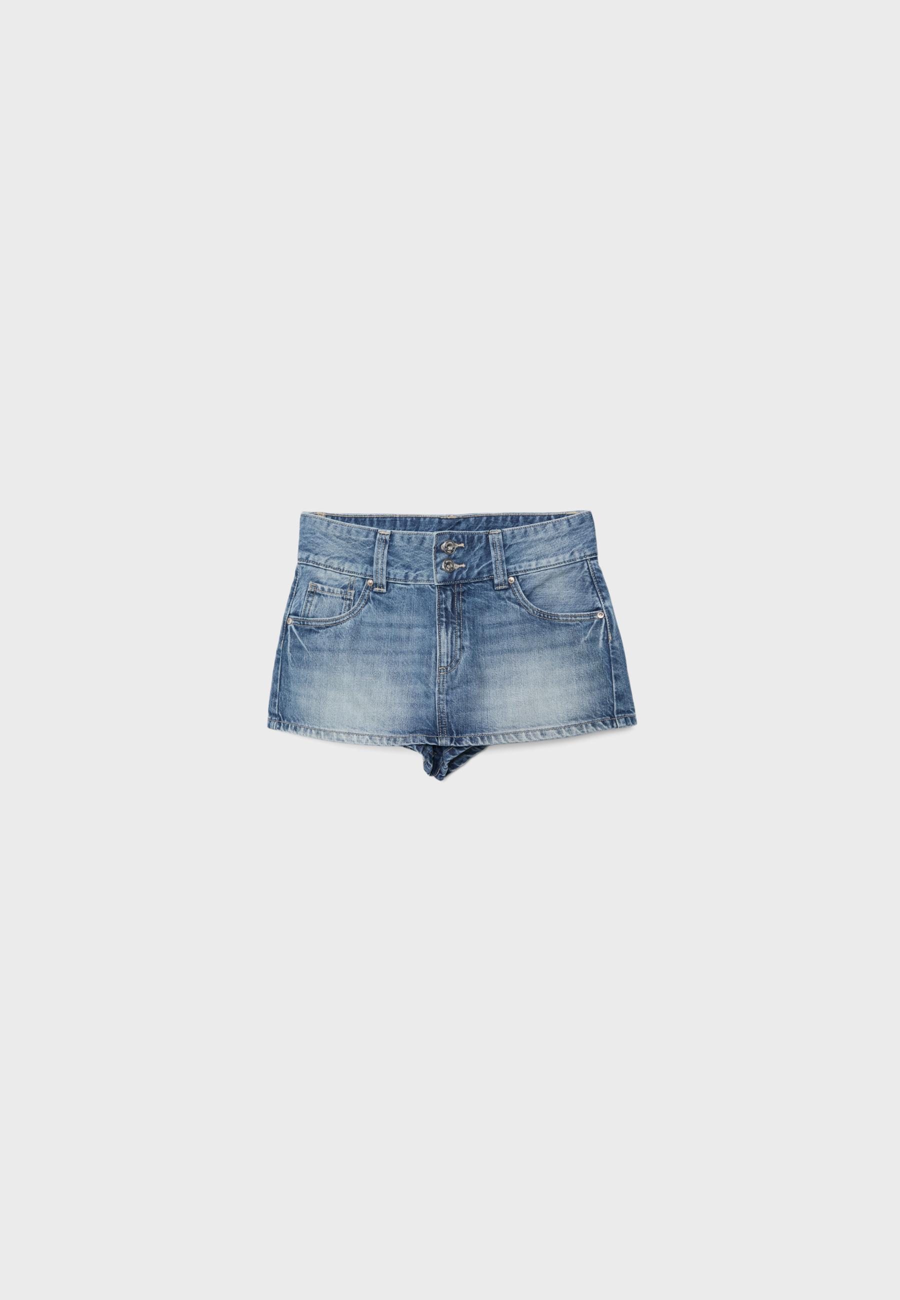 Low-waist denim skort with detailing — MEDIUM DENIM WASH