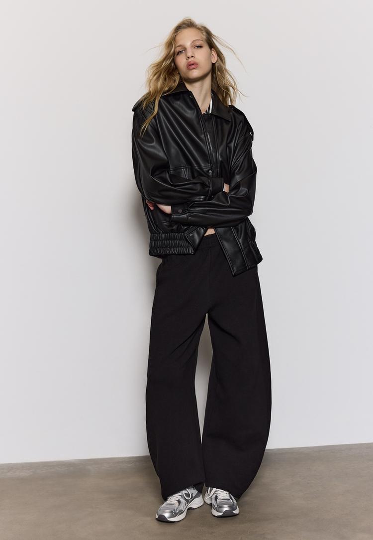 Stradivarius Geacă Biker Oversize Din Imitație De Piele Negru M