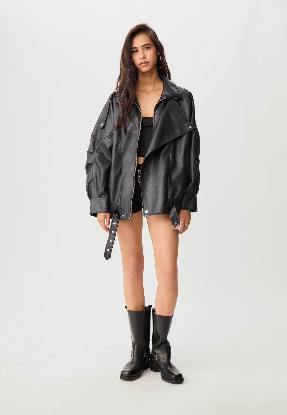 Oversize leather effect jacket with collar - Main Image