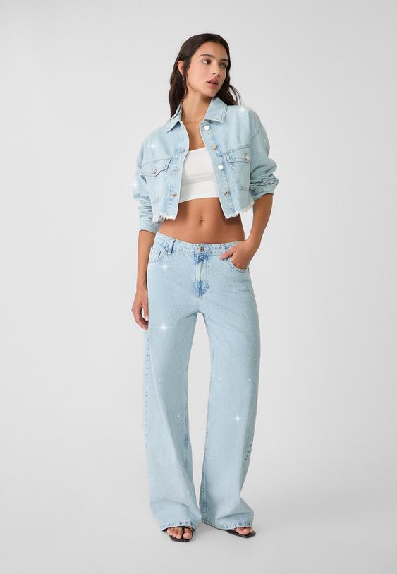 Parlak taşlı crop denim ceket_5