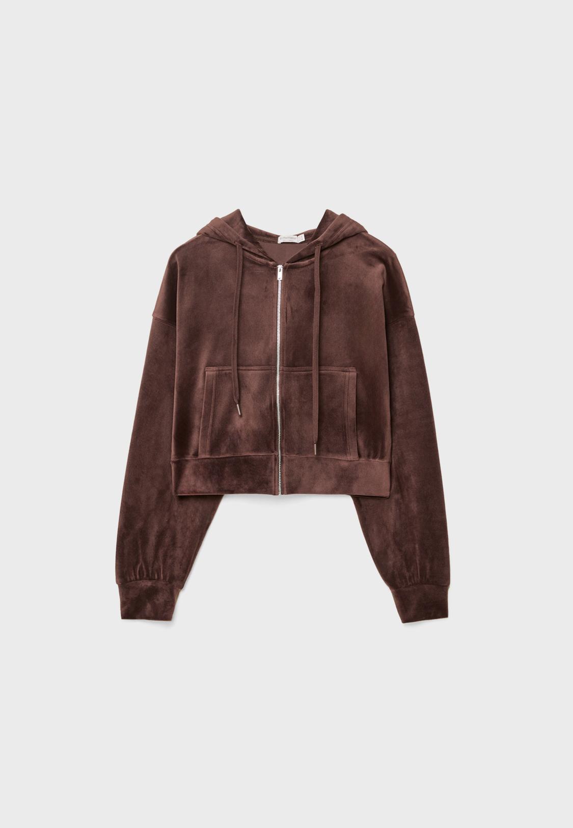 Velvet hoodie with zip Women's fashion Stradivarius United Kingdom