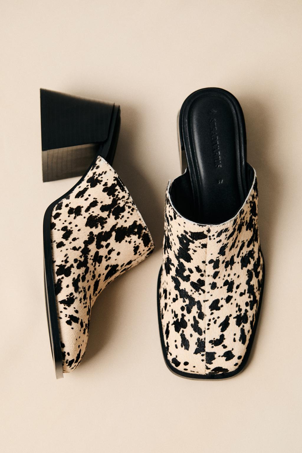 Animalprint-Pantoletten mit Absatz und Fell