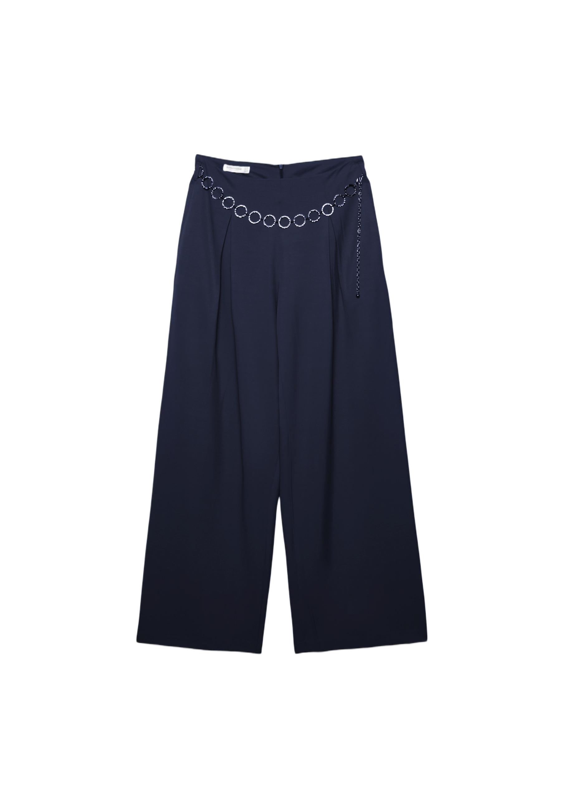 Satin darted trousers with chain belt — Navy blue