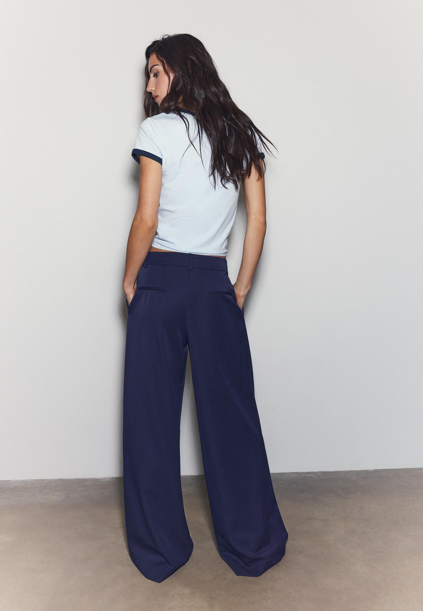 Wide-leg tailored trousers with darts — Navy blue