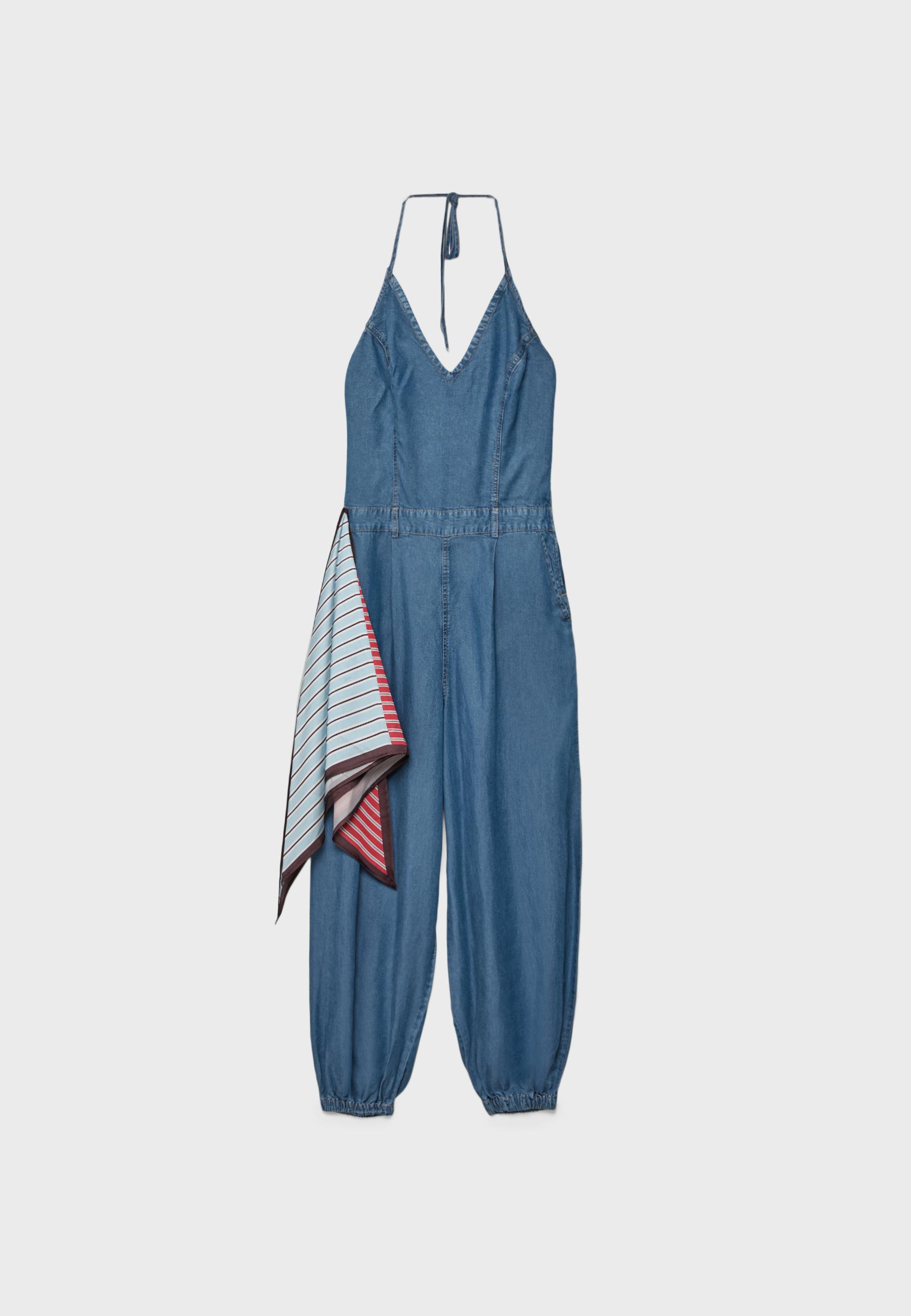 Halter denim jumpsuit with scarf — MEDIUM LIGHT BLUE DENIM