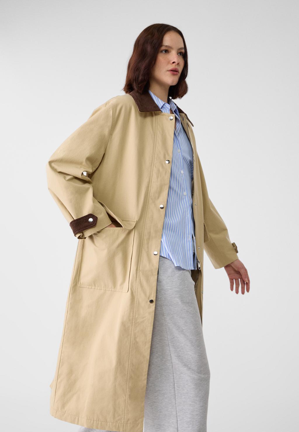 Long puffer parka with corduroy collar