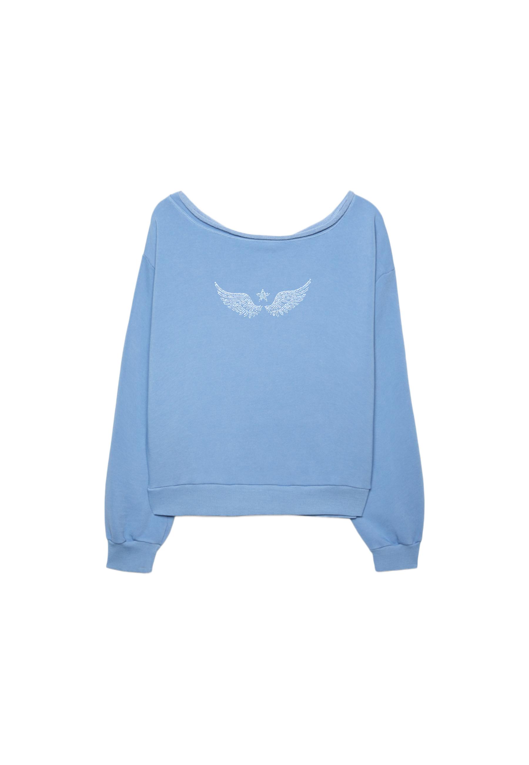 Boat neck sweatshirt with rhinestone wings — Sky blue