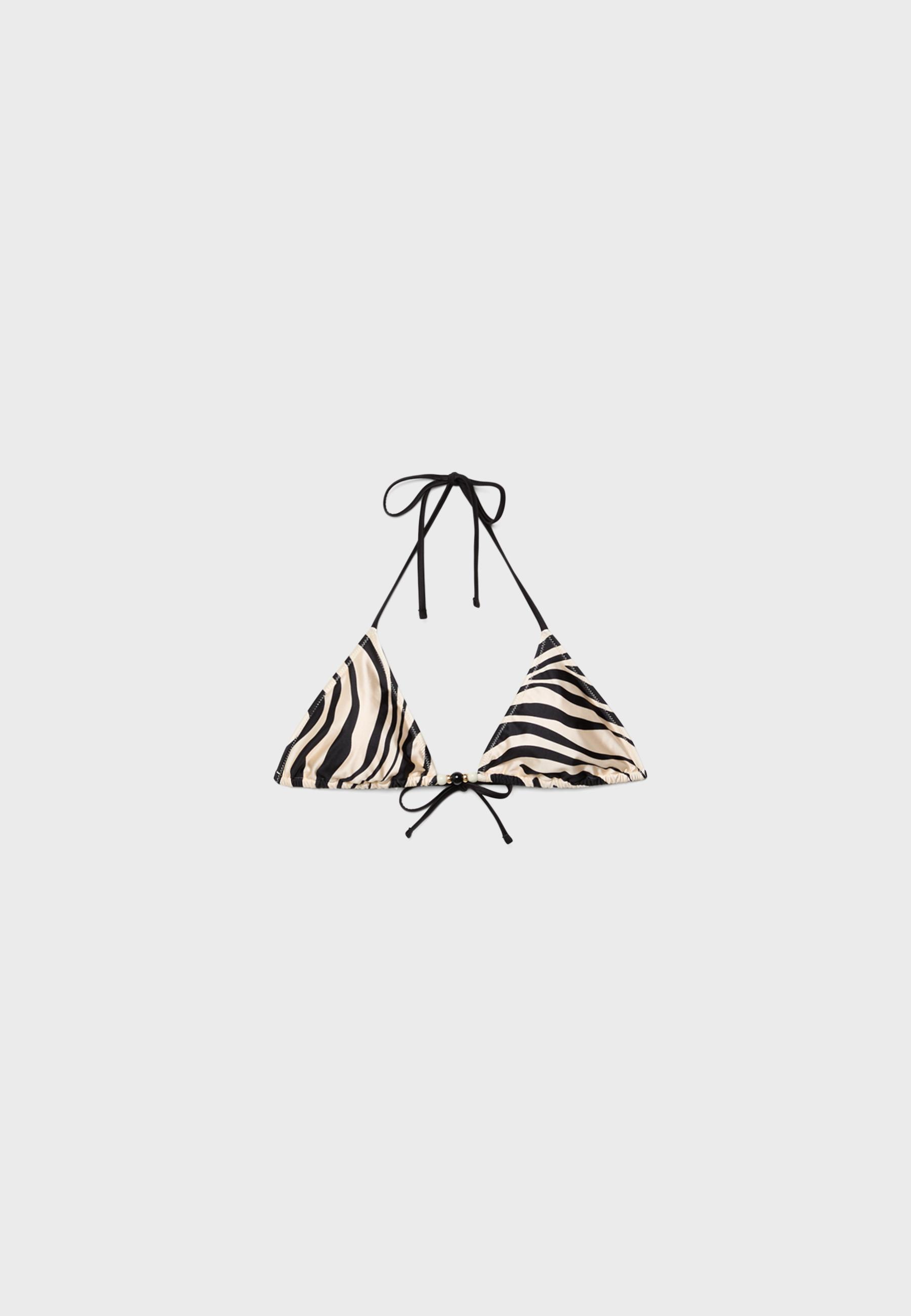Printed satin triangle bikini top — Ecru
