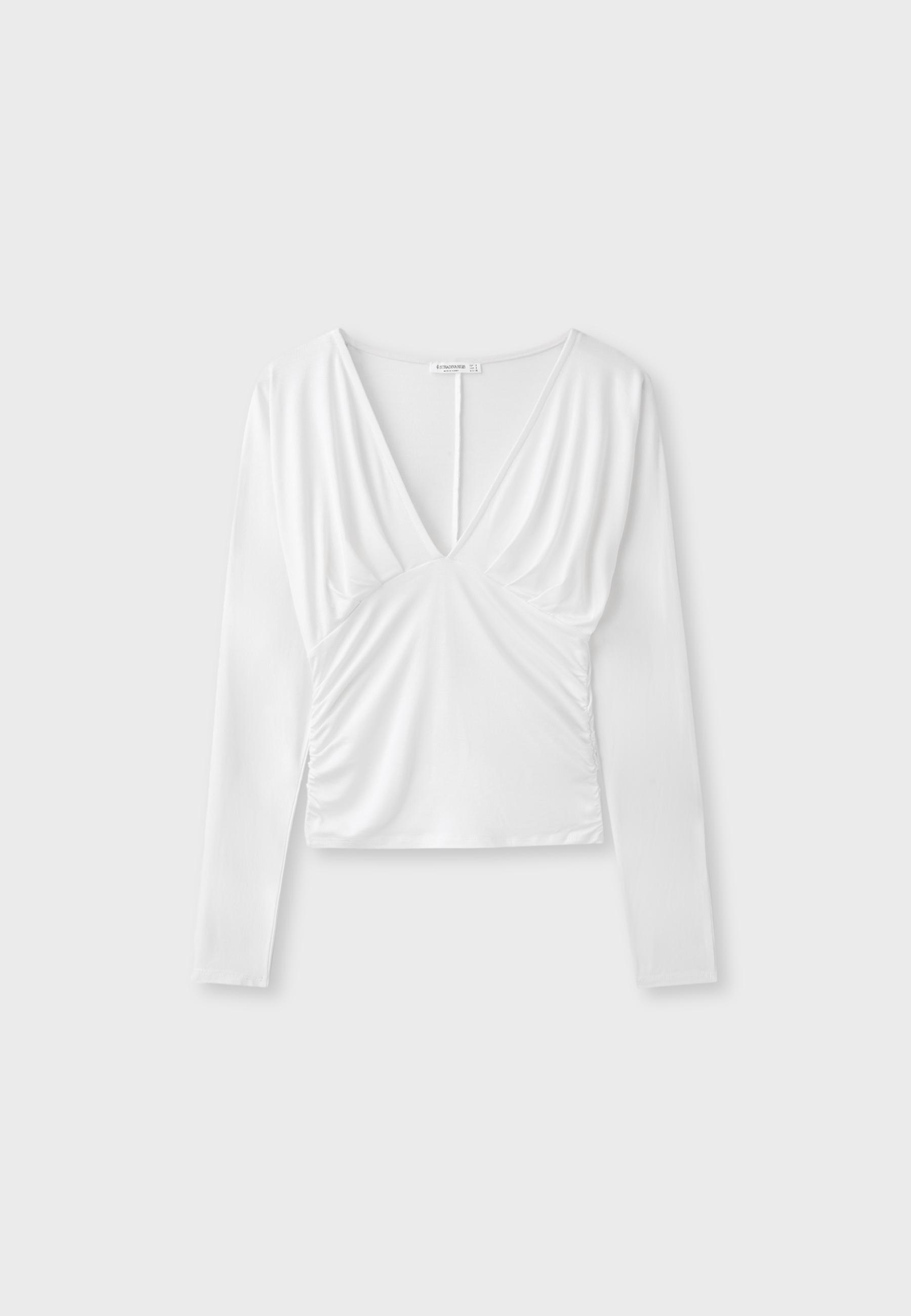 Long sleeve V-neck T-shirt — Ecru