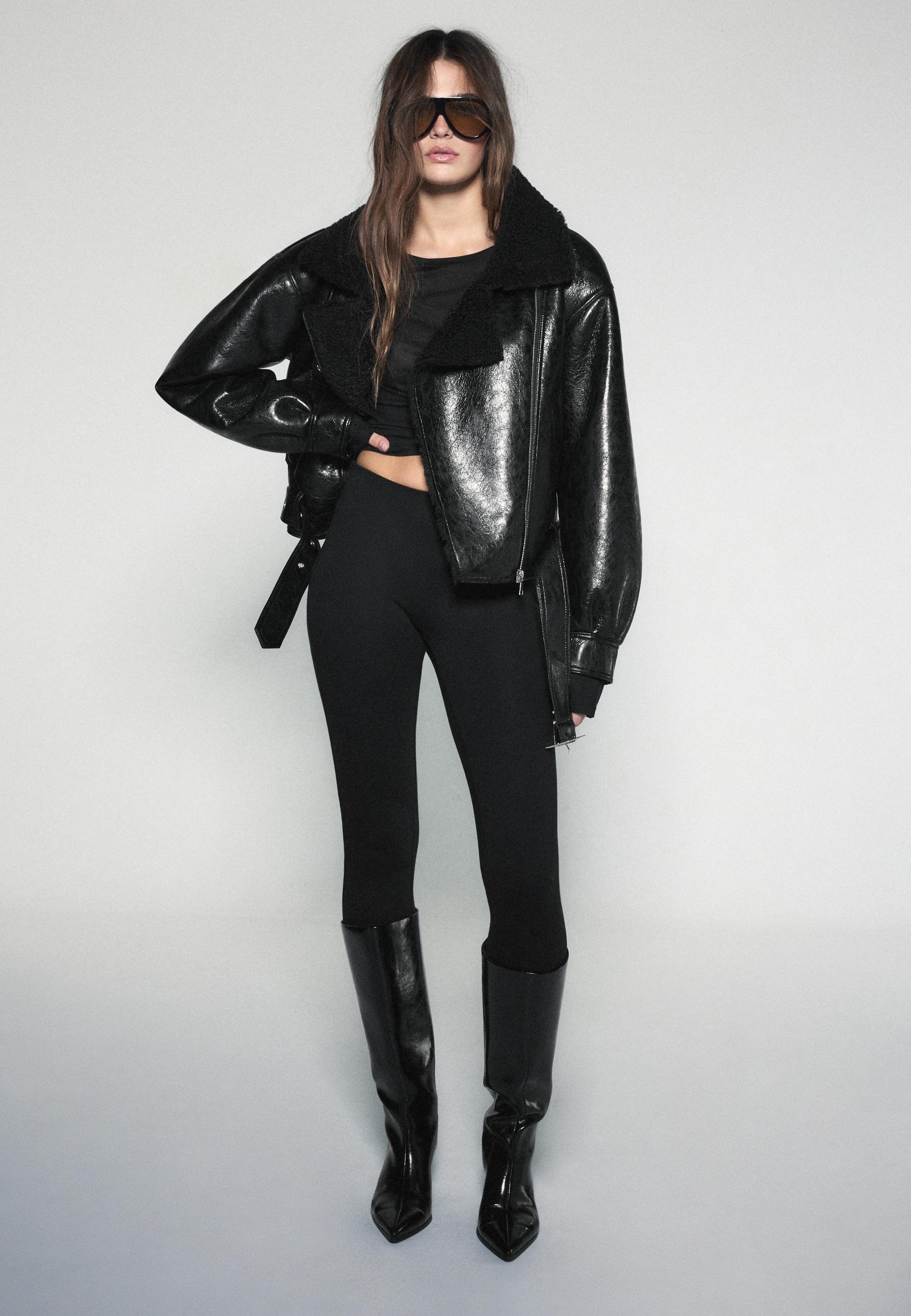 Stradivarius Μπουφάν Biker Με Ψηλός Γιακάς Μαύρο Xs