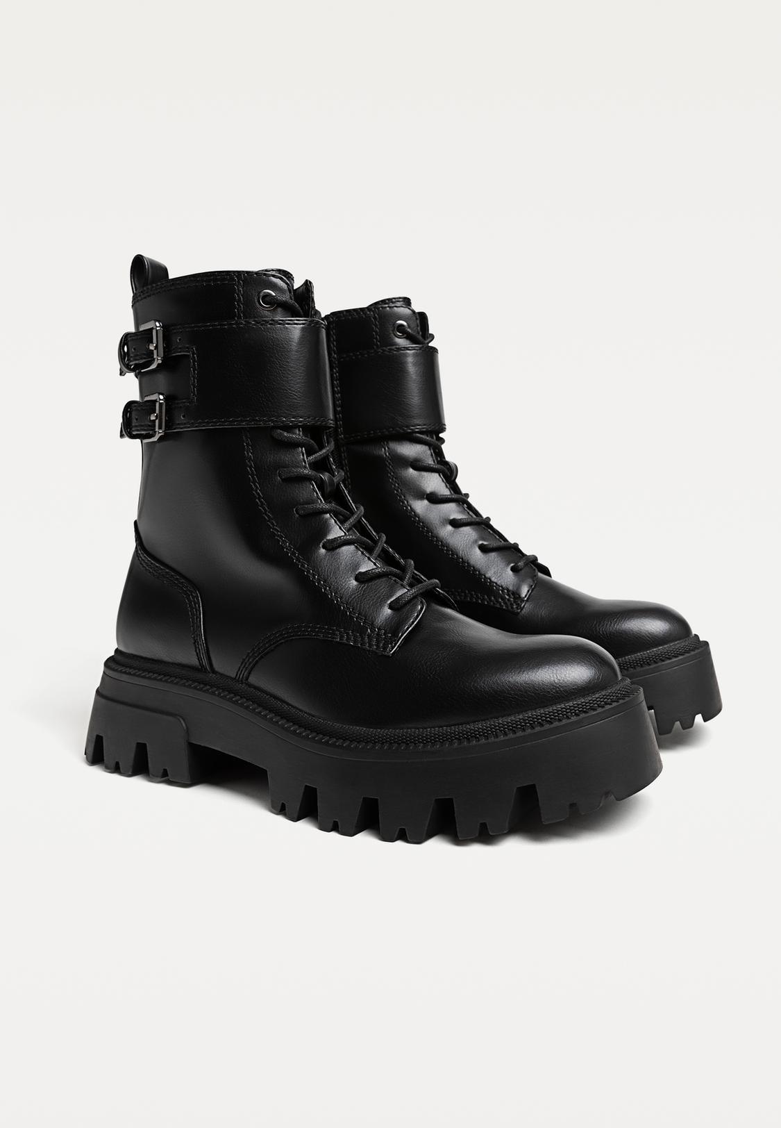 Flat lace-up ankle boots with buckles Women's fashion