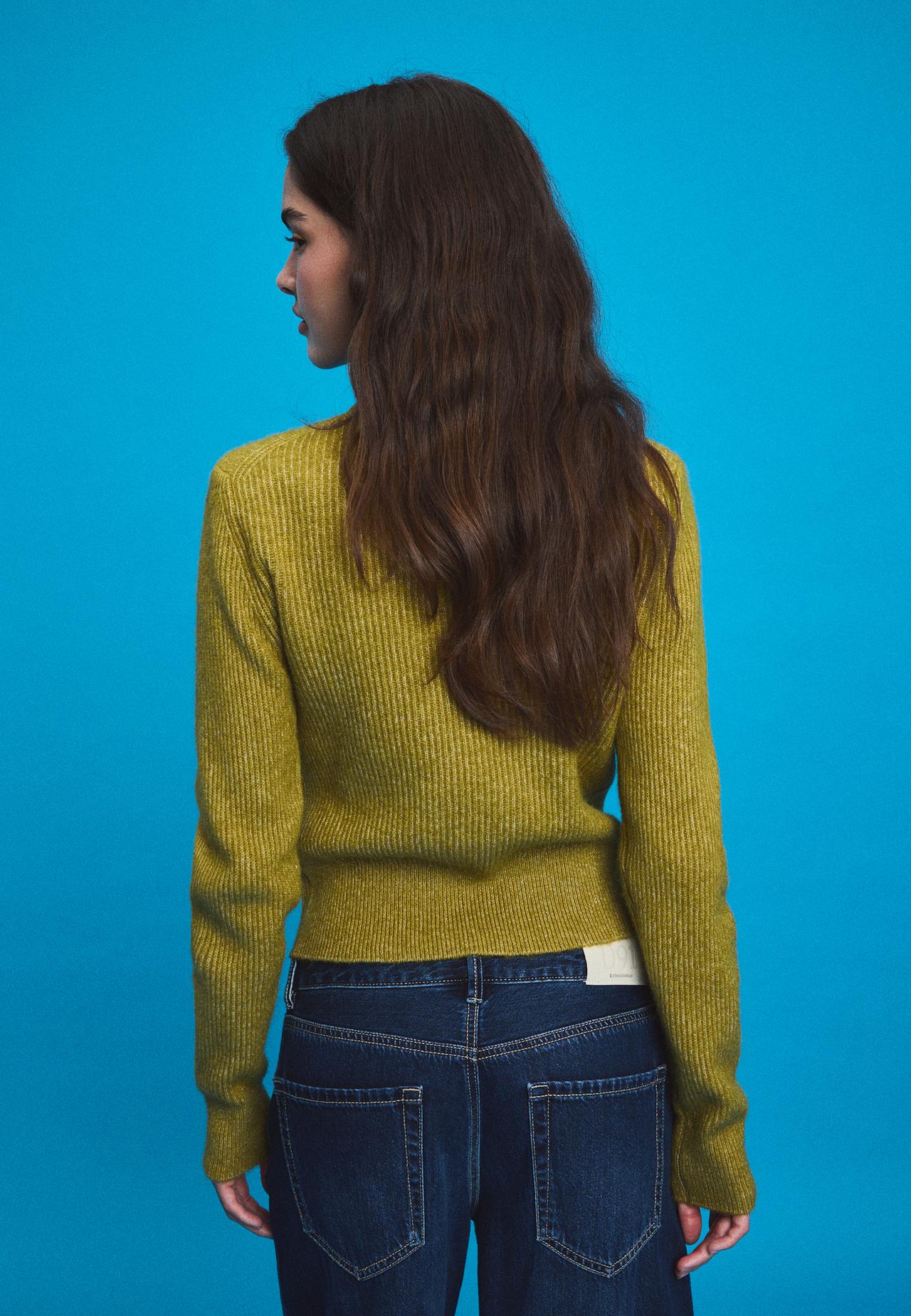 Double-breasted funnel neck knit jumper — Olive green