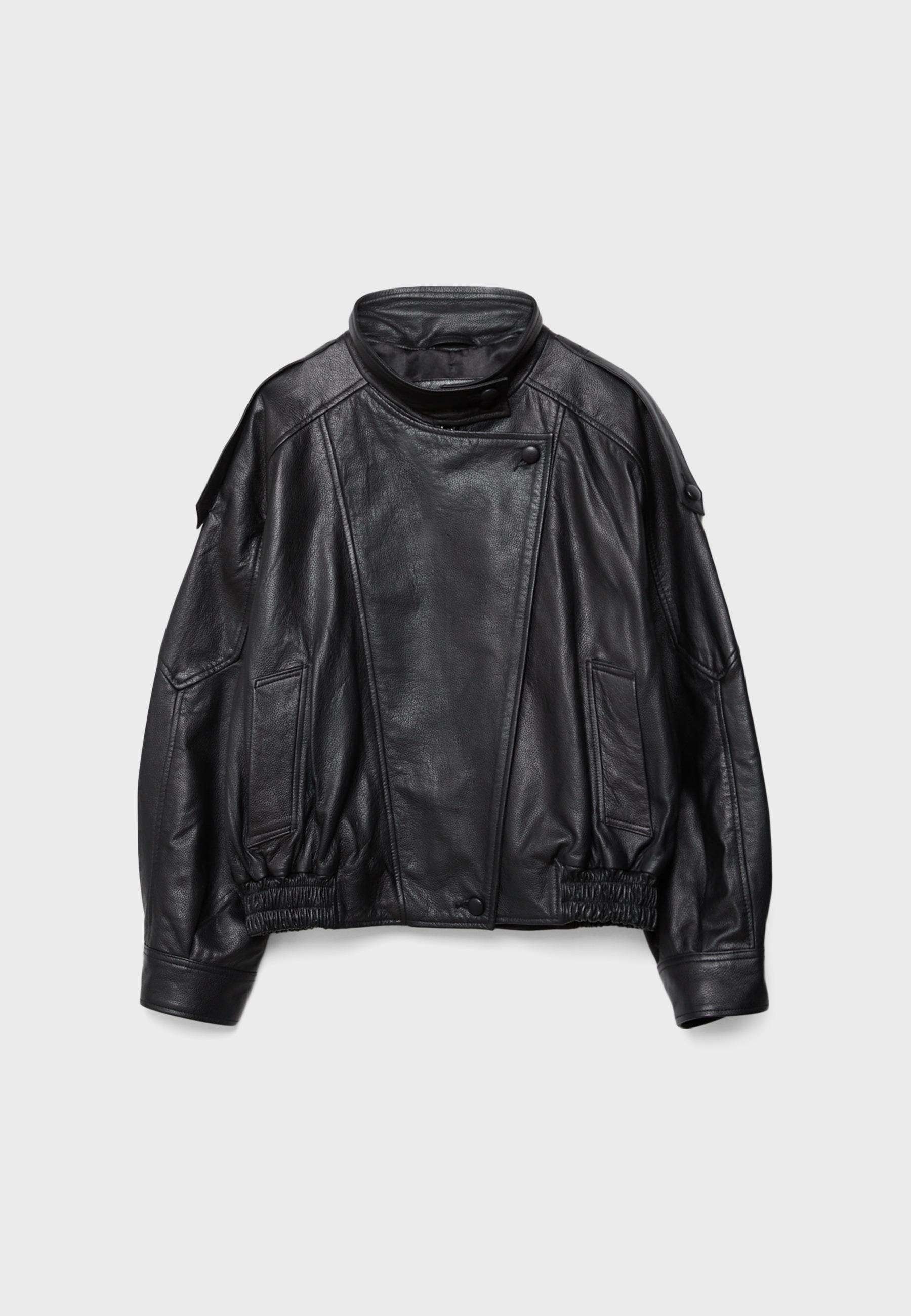 Oversize 100% leather flap jacket — Black