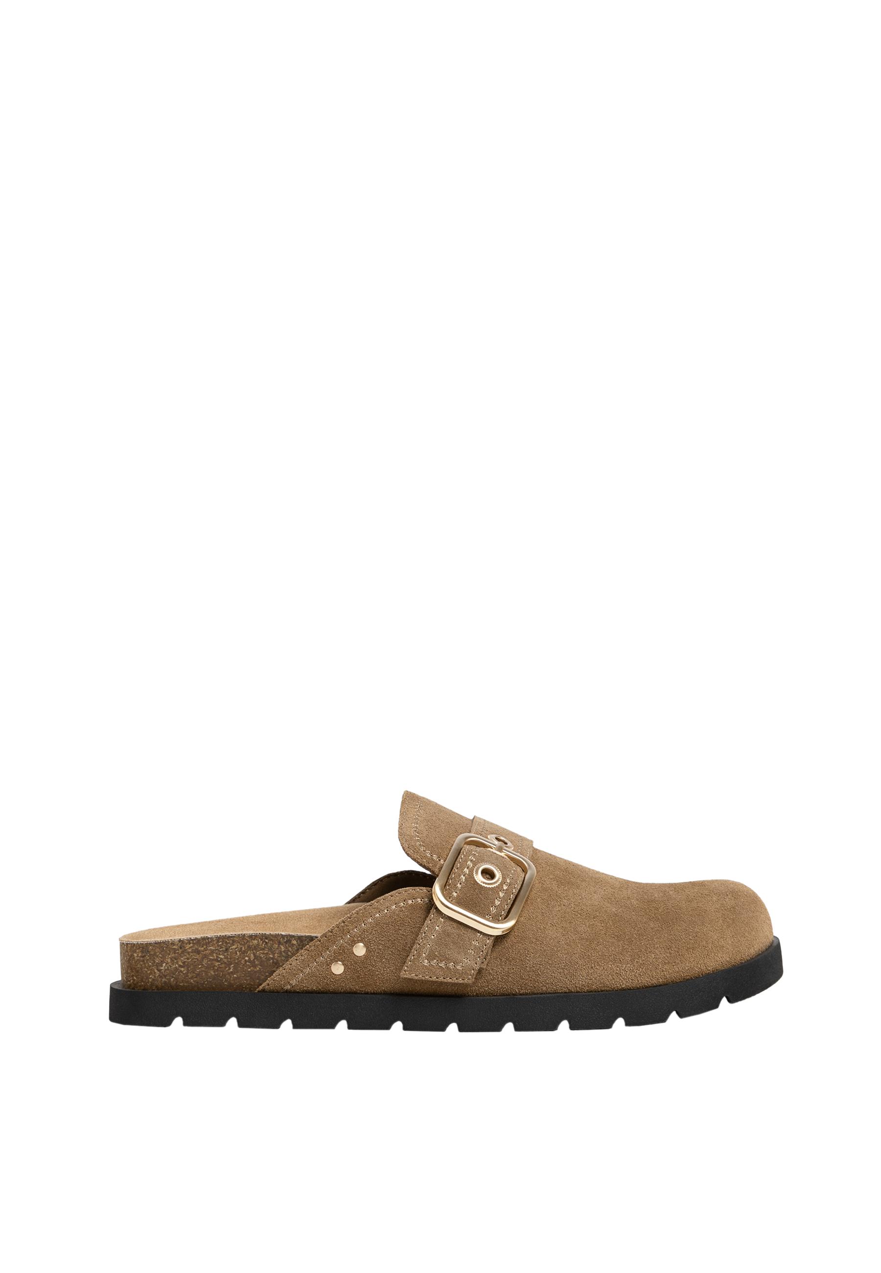 Split suede clogs with buckle — BEIGE