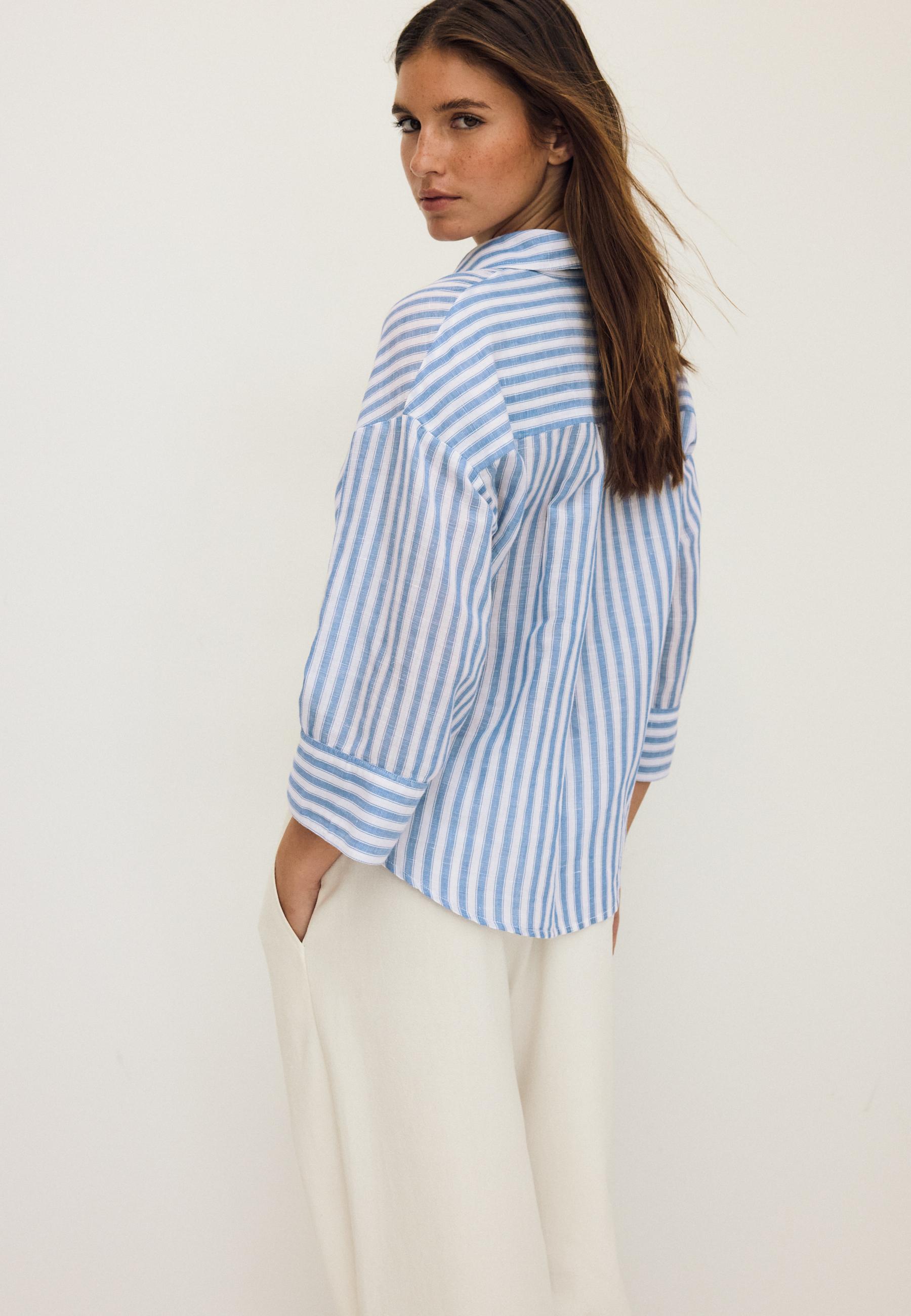 Linen-effect kimono sleeve shirt — Navy blue