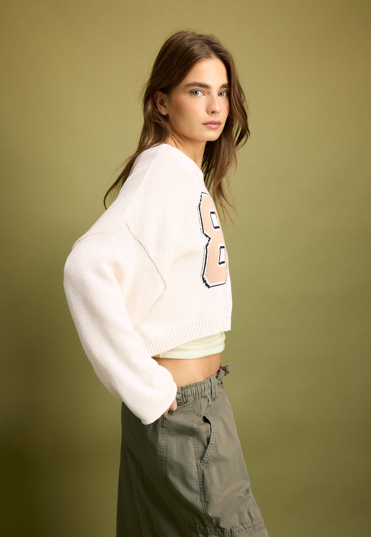 Number cropped knit jumper — Vanilla