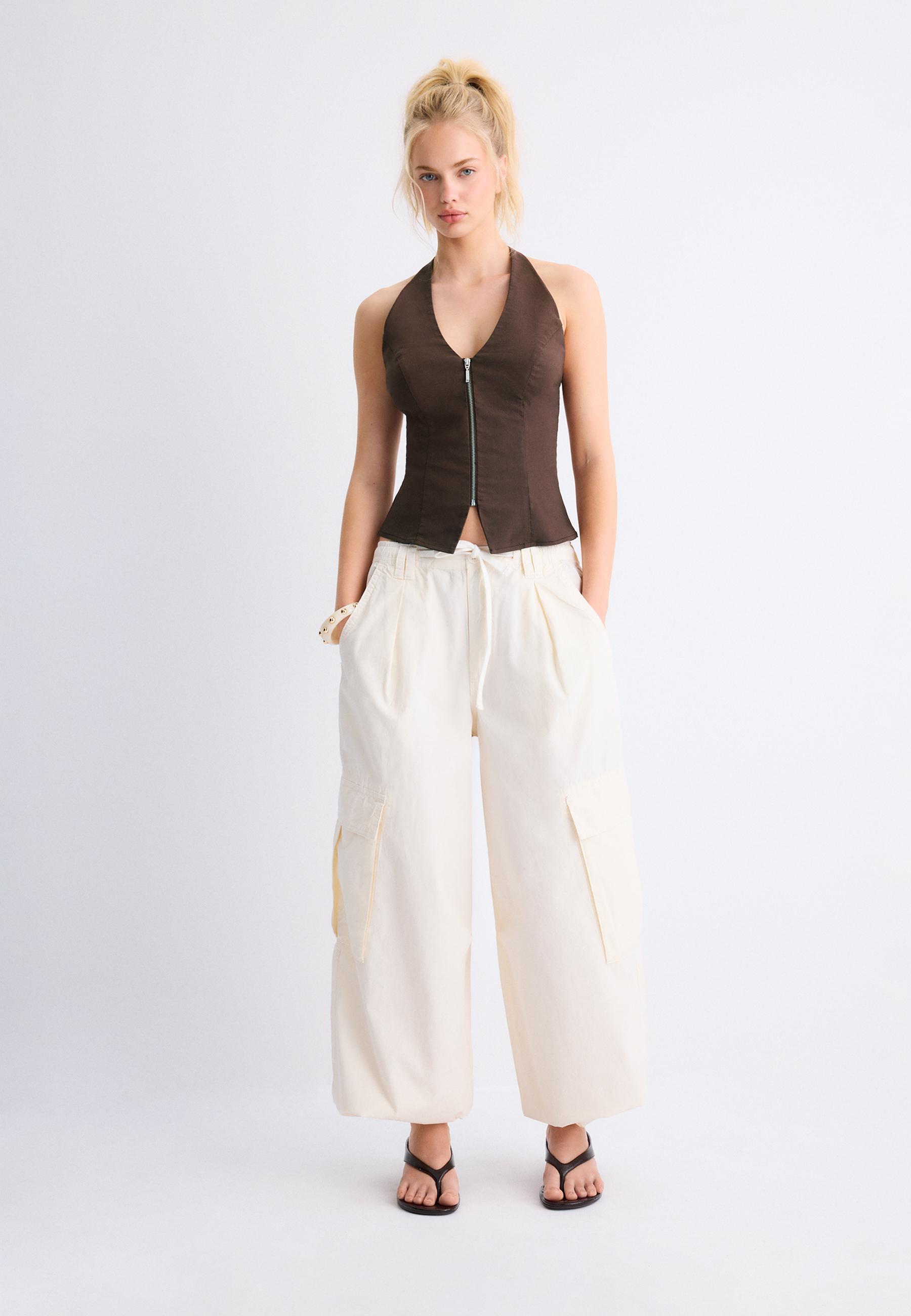 Poplin trousers with stoppers — Vanilla