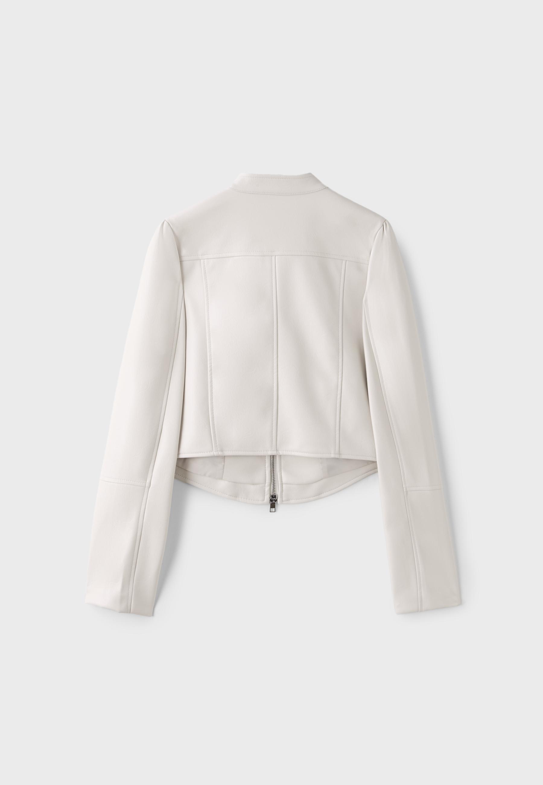 Cropped leather effect biker jacket — Ecru