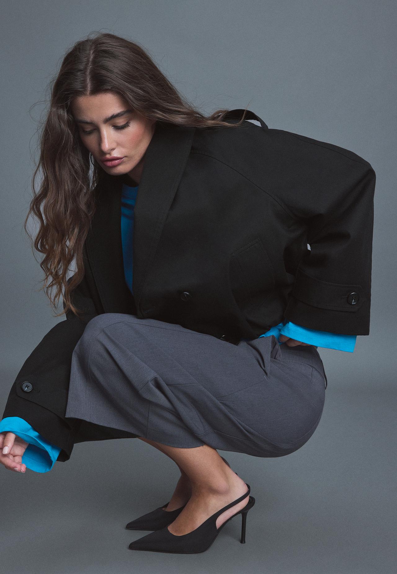 Shawl neck balloon trench coat — Black