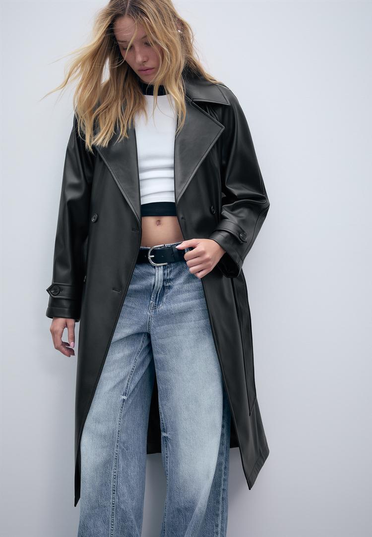 long faux leather trench coat