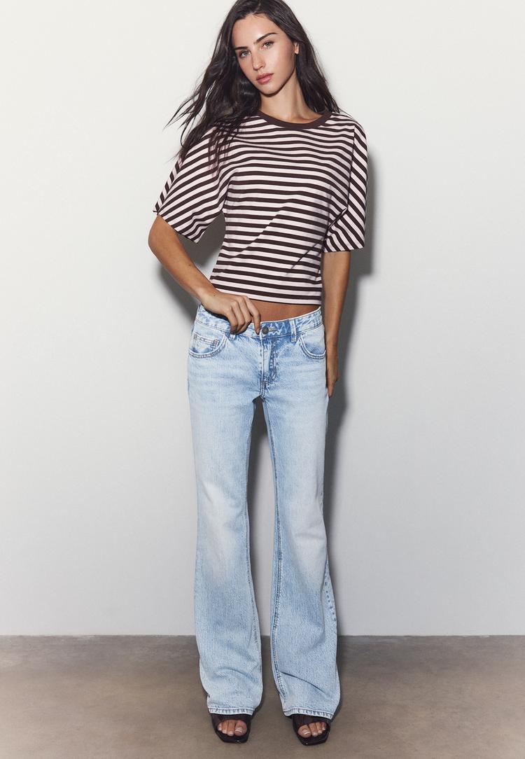 Stradivarius Blugi Bootcut Fit Talie Joasă Efect Prespălat Denim Albastru Mediu Deschis 40