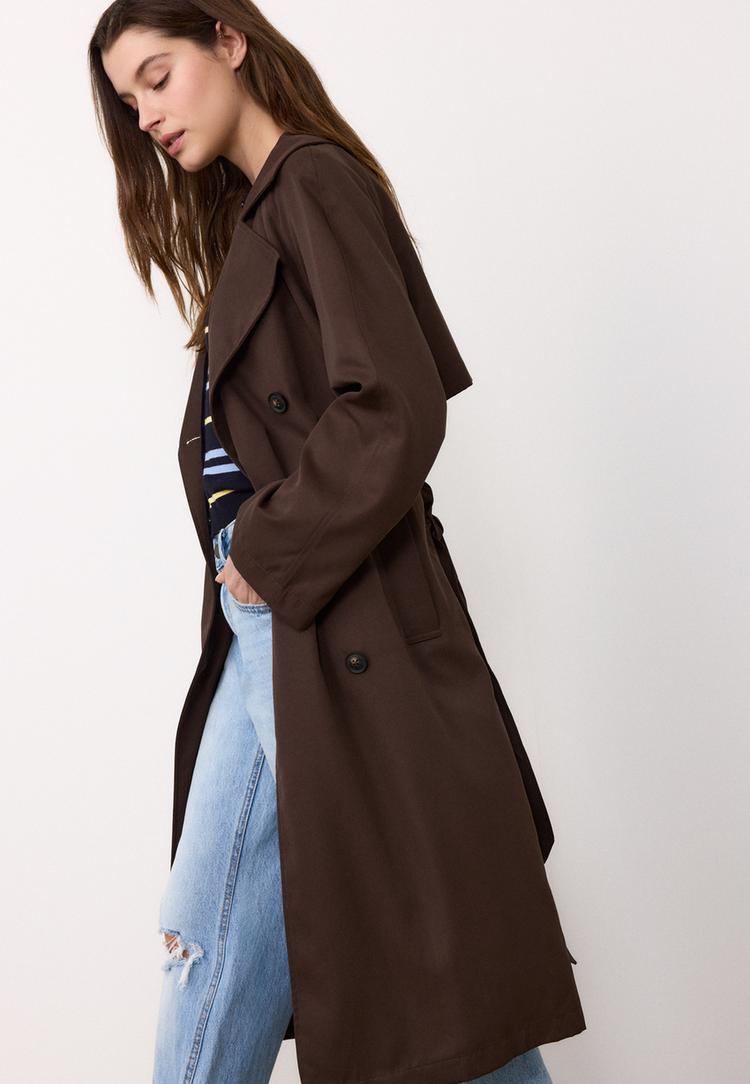 Stradivarius Oversize Μακριά Ριχτή Καμπαρντίνα Καφέ Xl