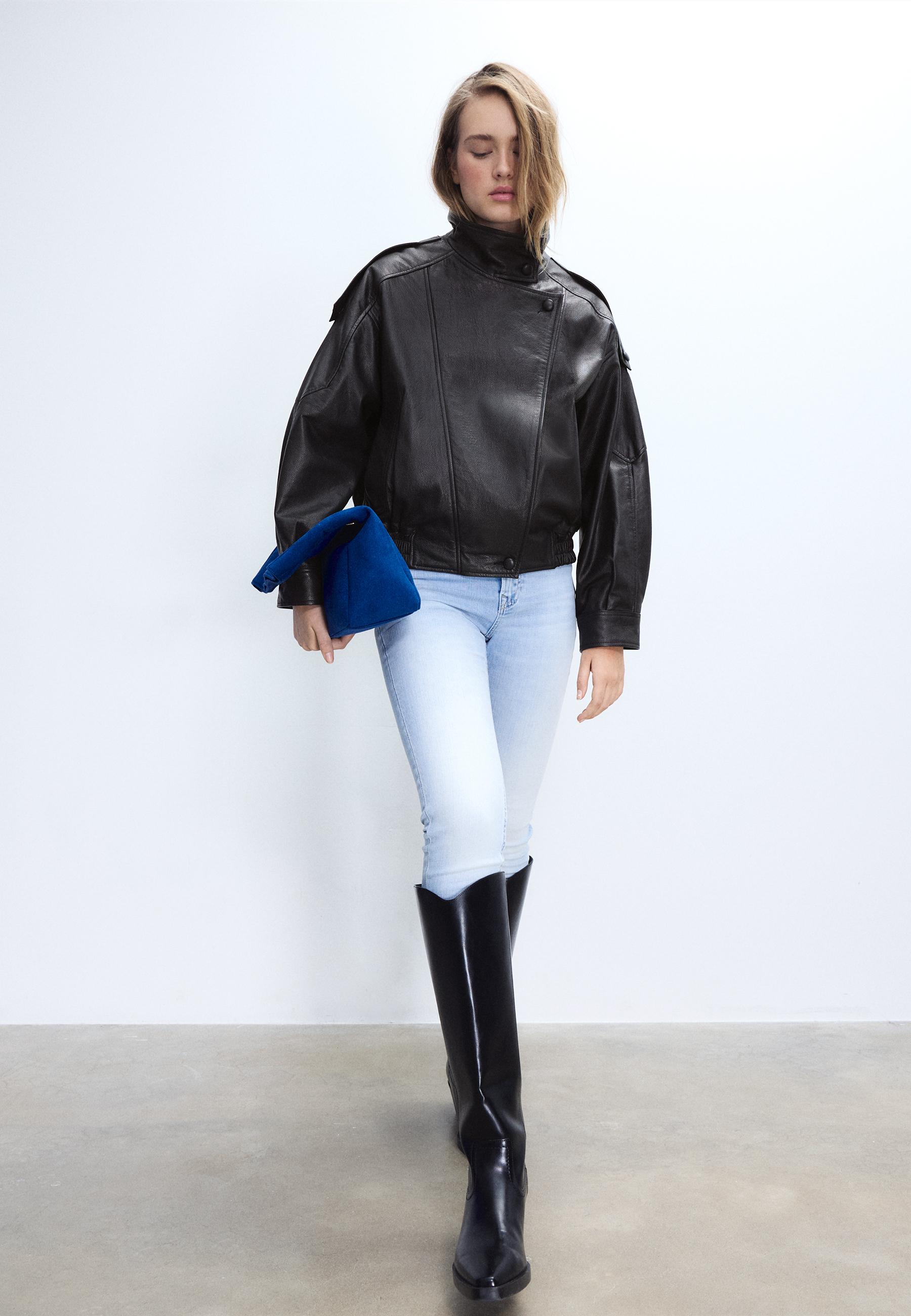 Oversize 100% leather flap jacket - Women's fashion | Stradivarius