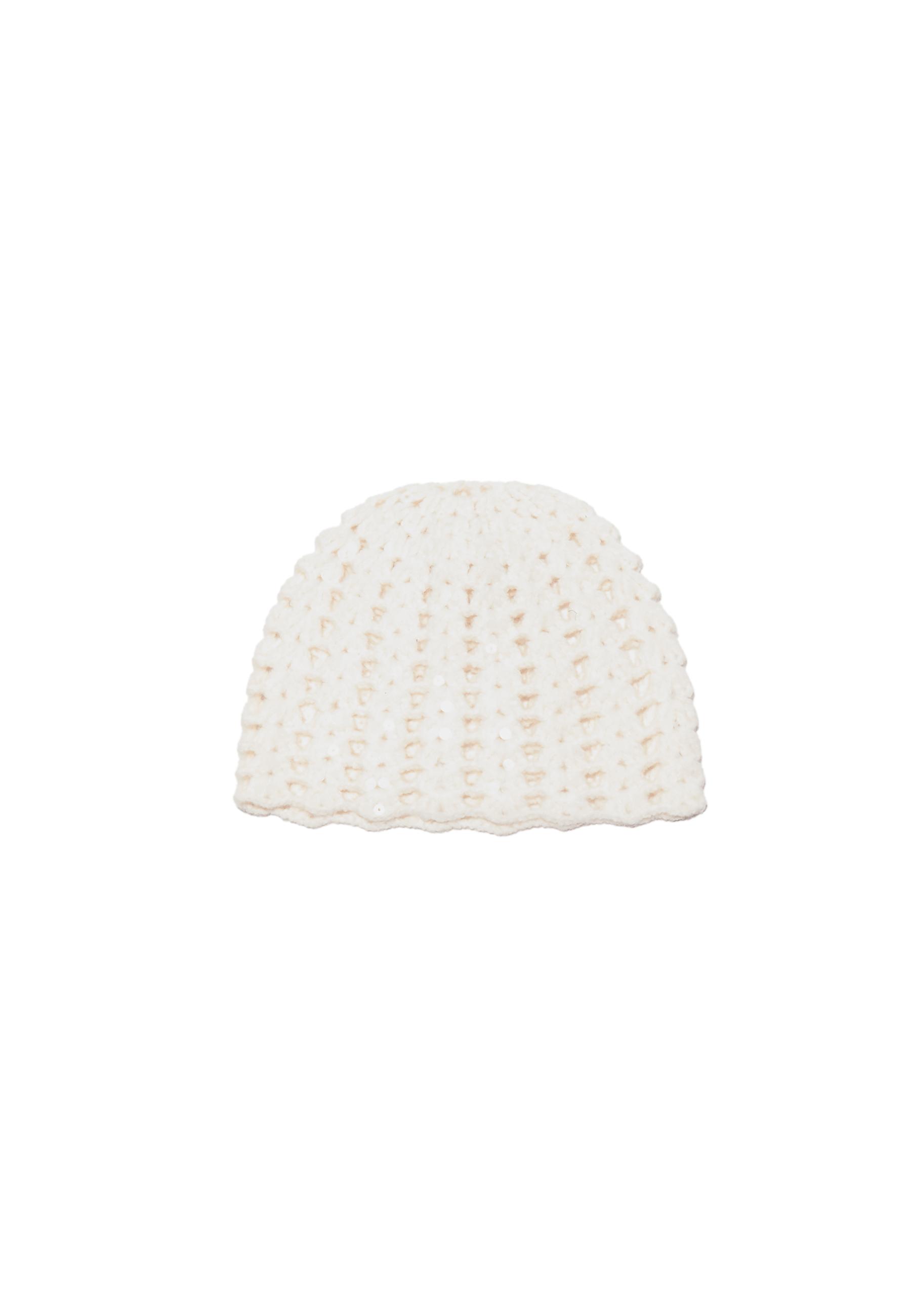 Sequin crochet skull cap — Ecru