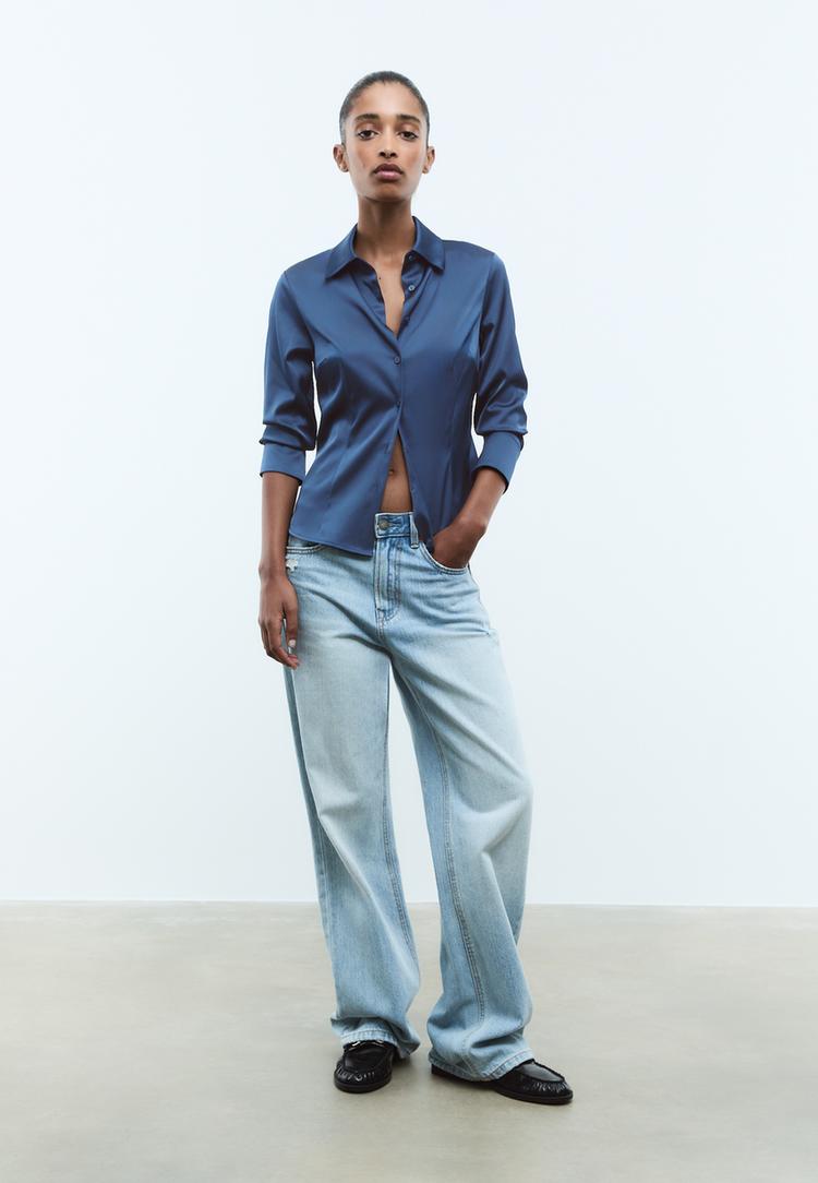 Stradivarius Camasa Fitted Satinata Albastru Închis Xl