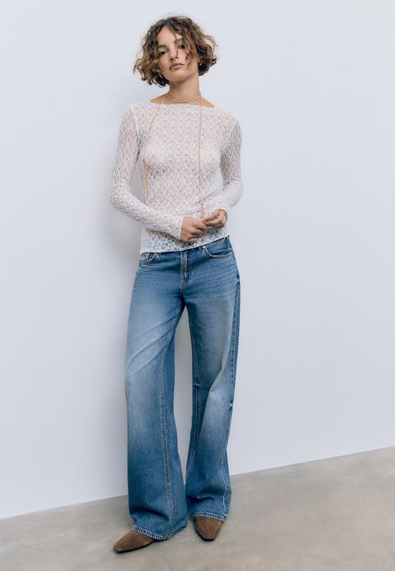 Stradivarius T-Shirt Manches Longues Dentelle Écru M